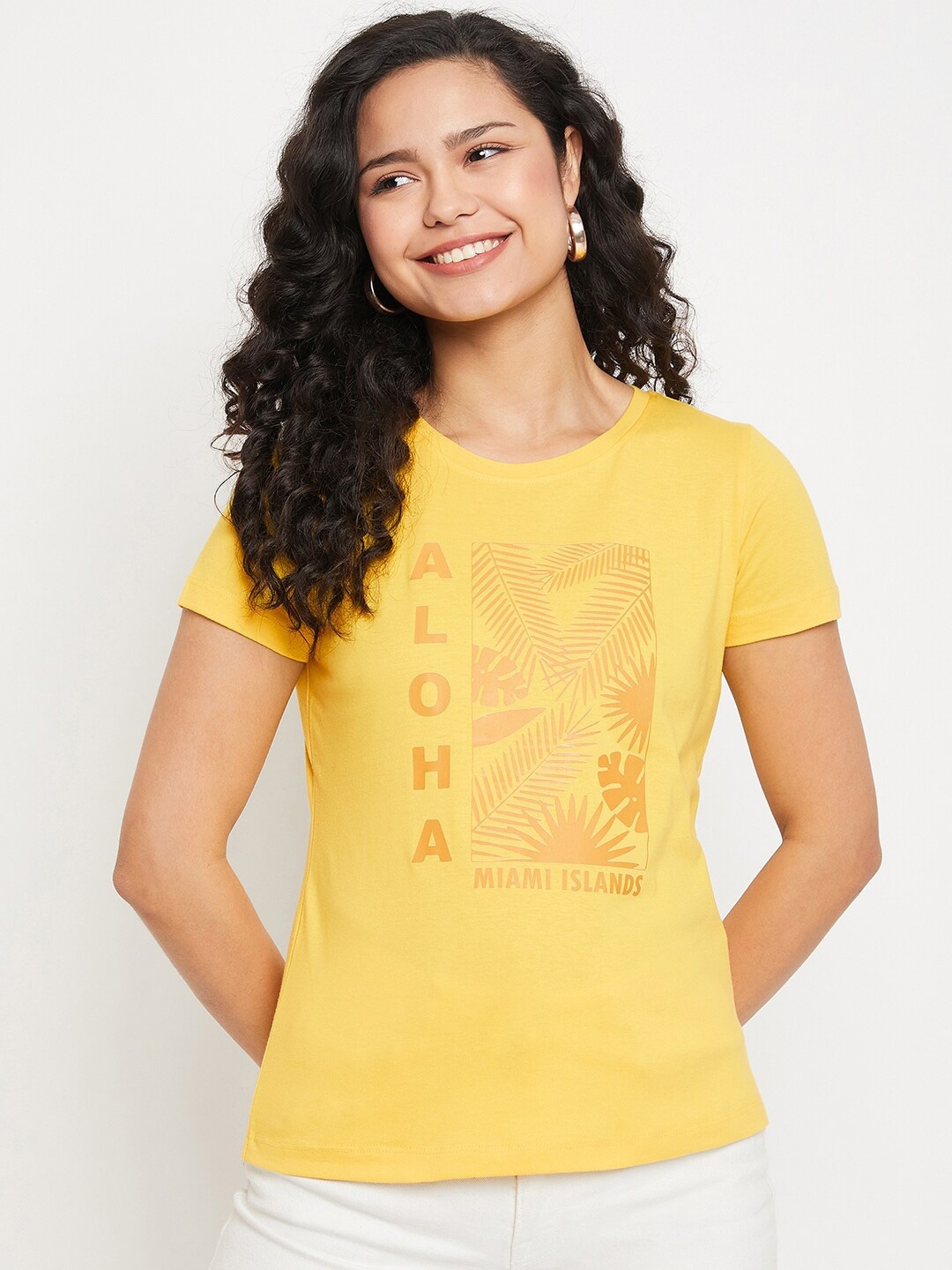 

Wear Your Mind Tropical Printed Pure Cotton T-shirt, Yellow