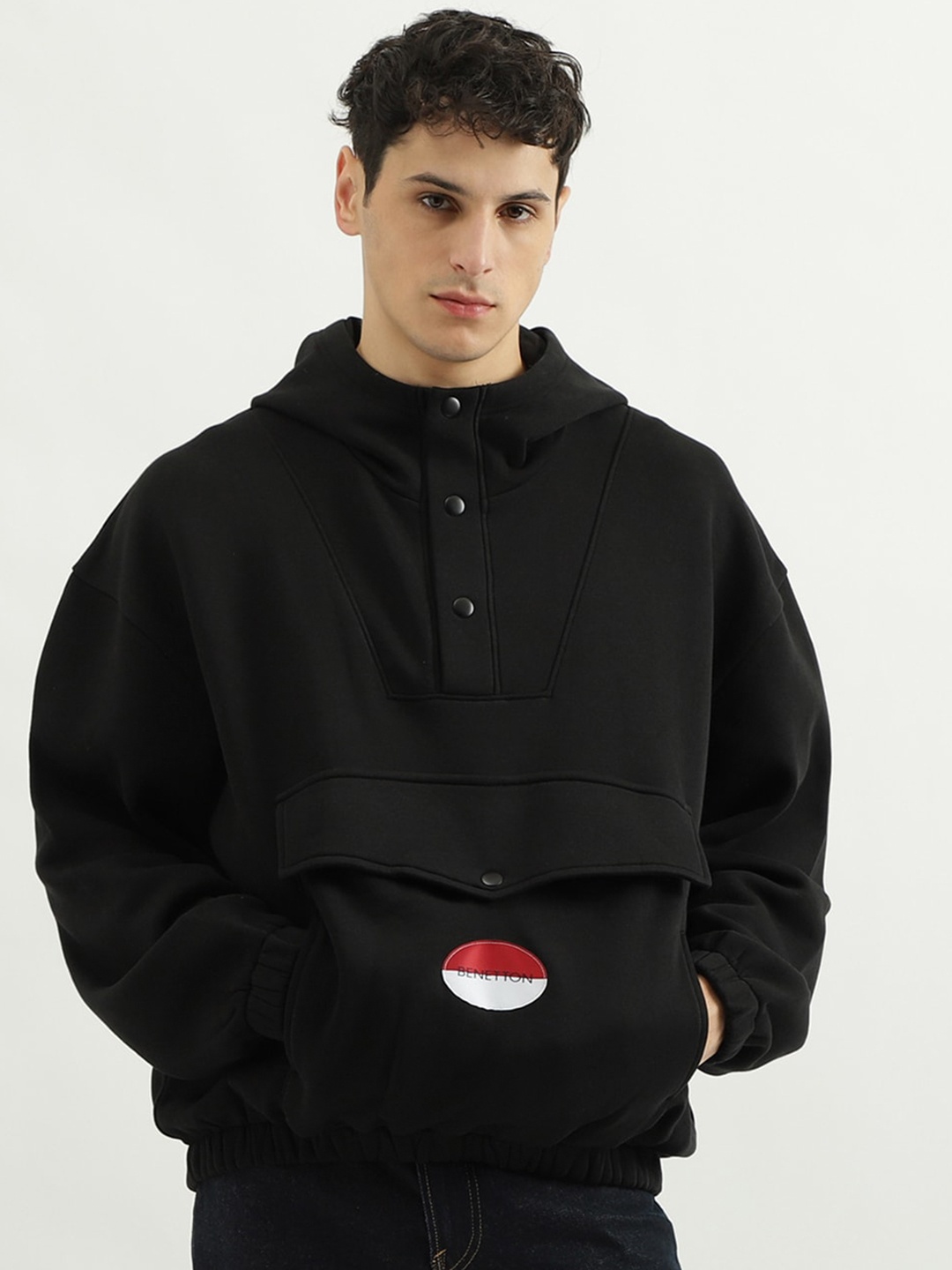 

United Colors of Benetton Cotton Hooded Pullover Sweatshirt, Black