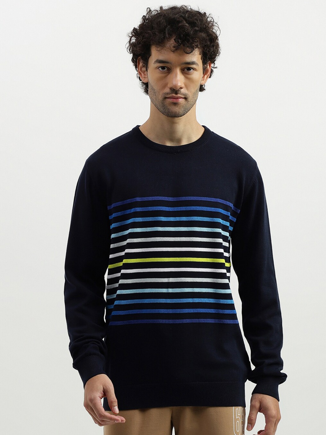 United Colors of Benetton Striped Self Design Pullover, Blue