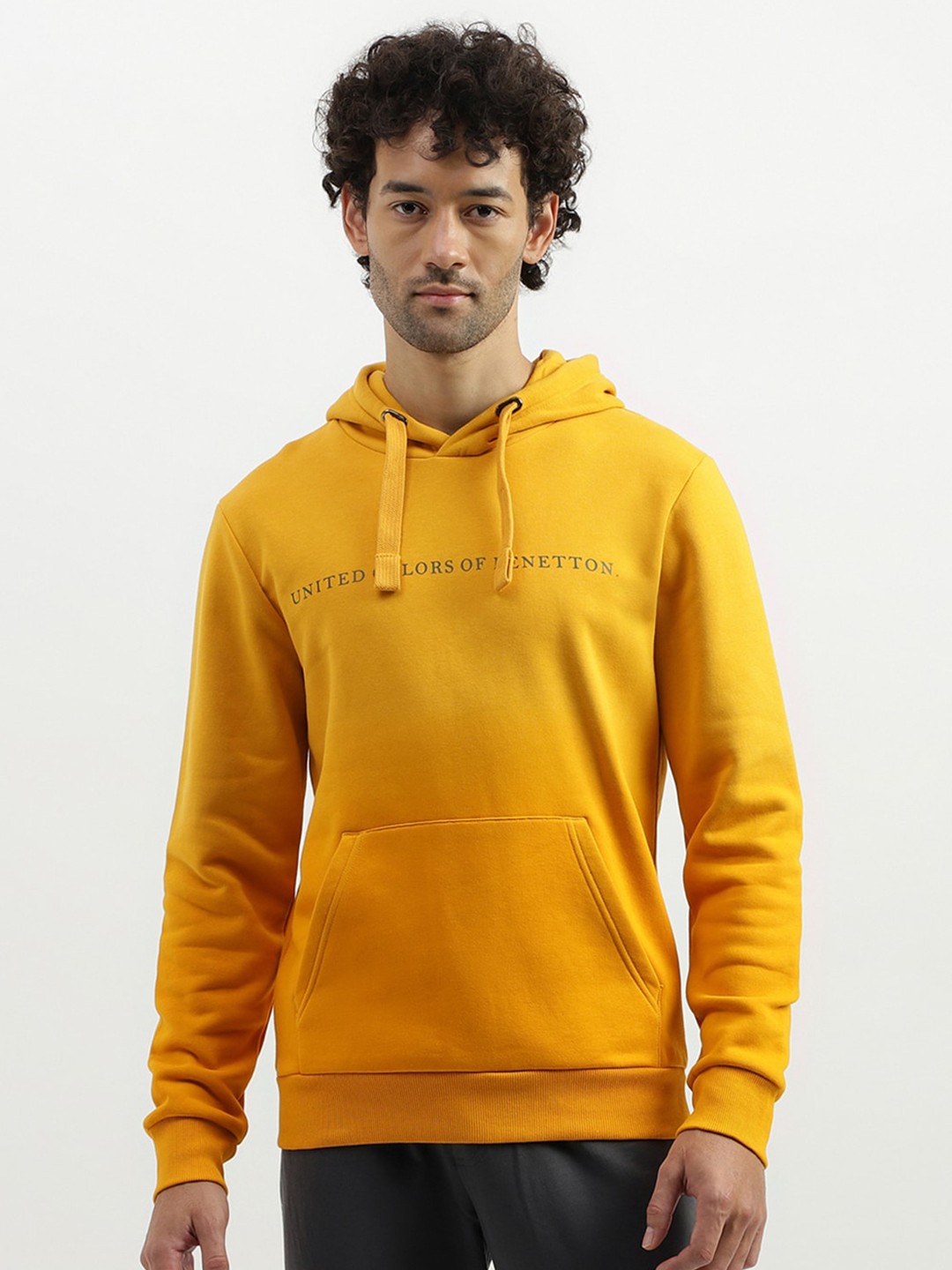 

United Colors of Benetton Typography Printed Cotton Hooded Pullover Sweatshirt, Yellow