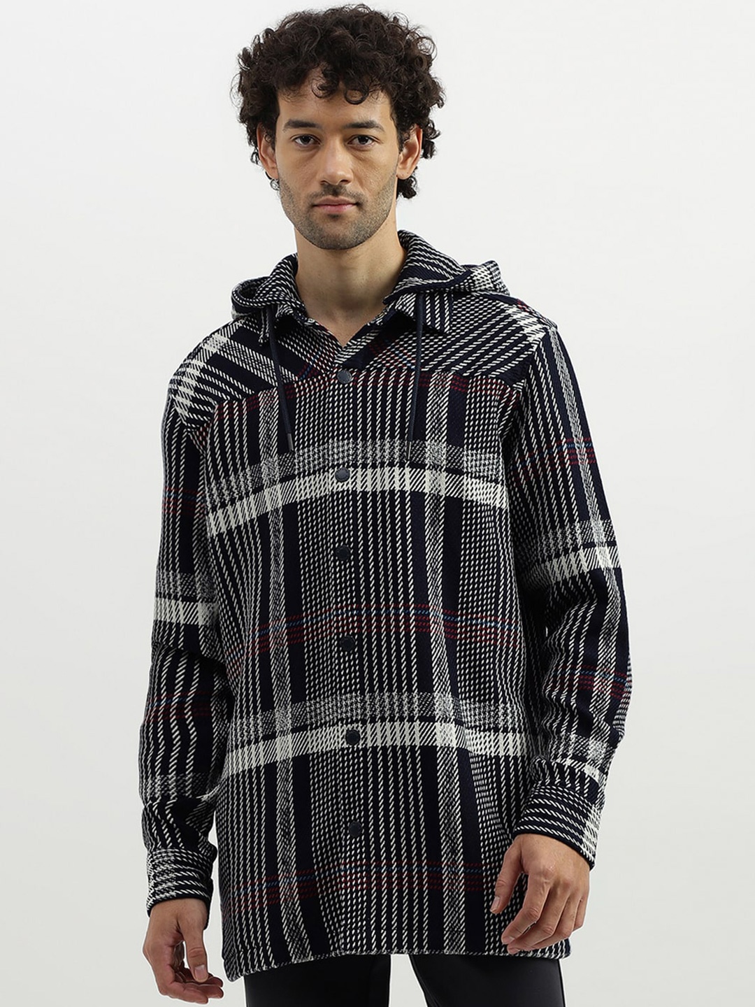 

United Colors of Benetton Vertical Striped Hooded Pure Cotton Casual Shirt, Black