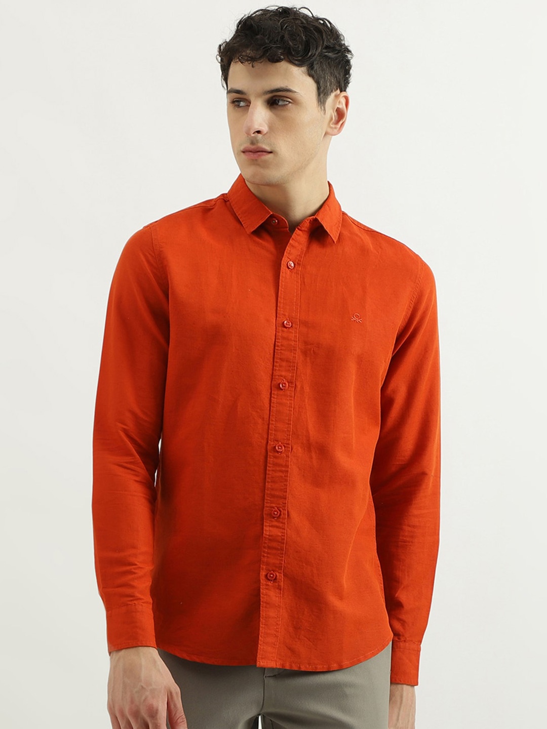 

United Colors of Benetton Spread Collar Slim Fit Opaque Cotton Linen Casual Shirt, Orange