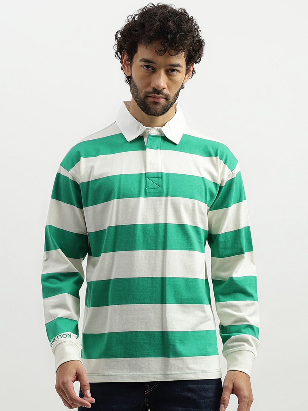

United Colors of Benetton Striped Polo Collar Pure Cotton T-shirt, Green
