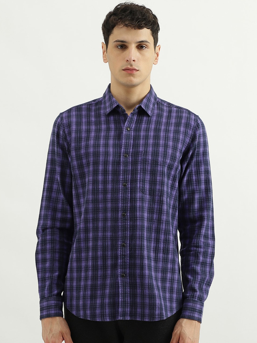 

United Colors of Benetton Spread Collar Opaque Checked Pure Cotton Casual Shirt, Purple