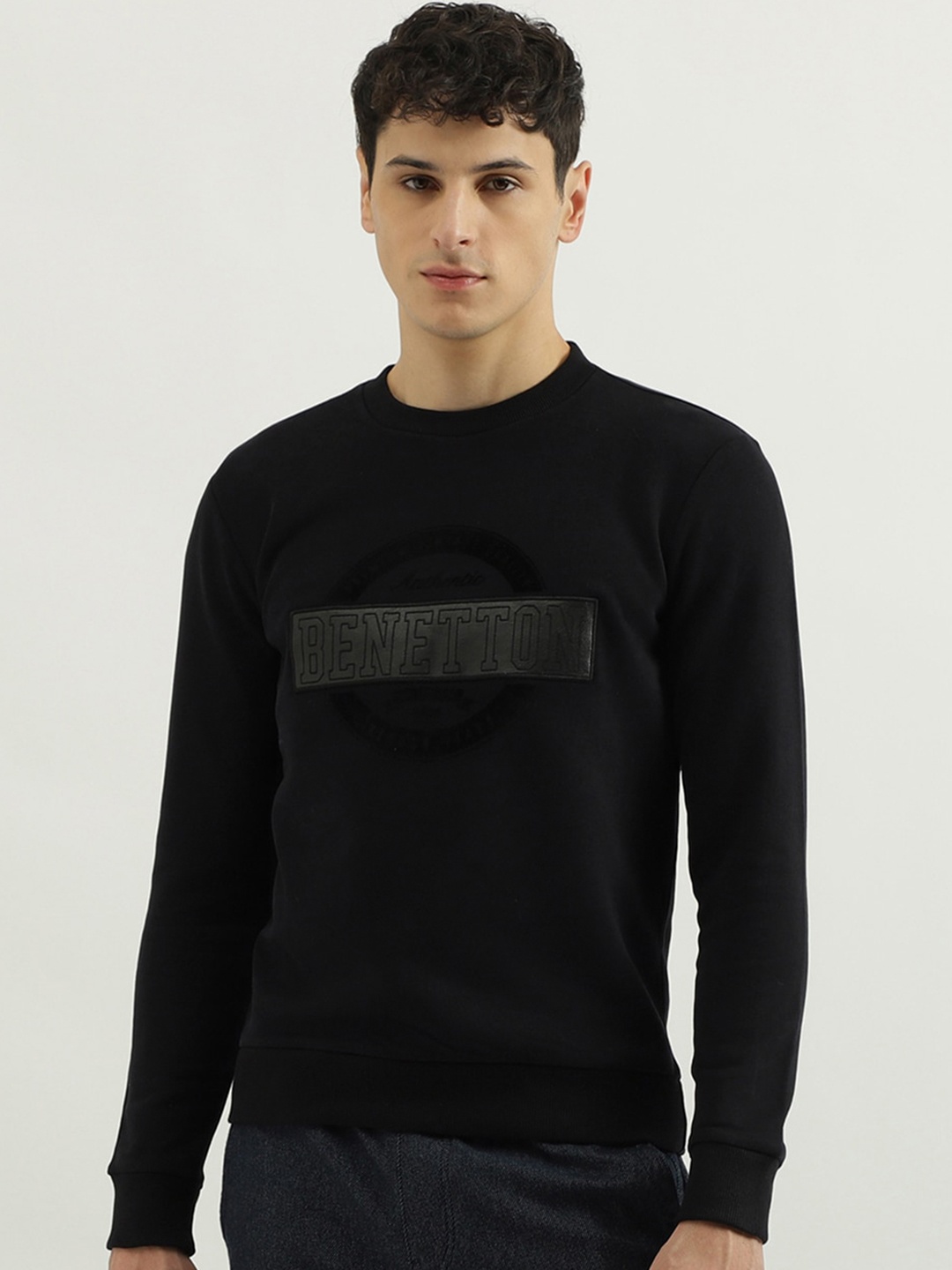 

United Colors of Benetton Cotton Pullover Sweatshirt, Black