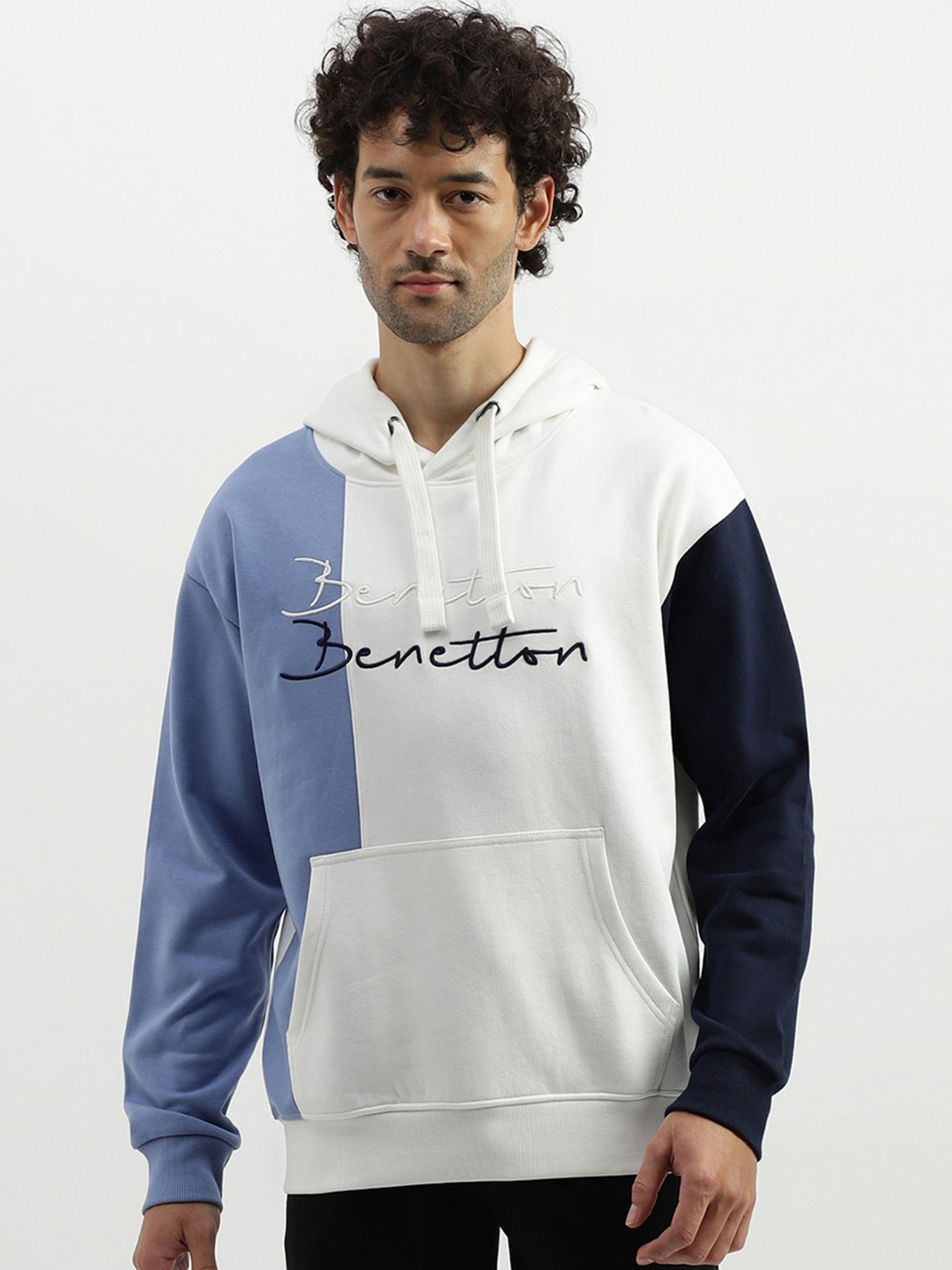 

United Colors of Benetton Colourblocked Hooded Pullover Sweatshirt, Blue