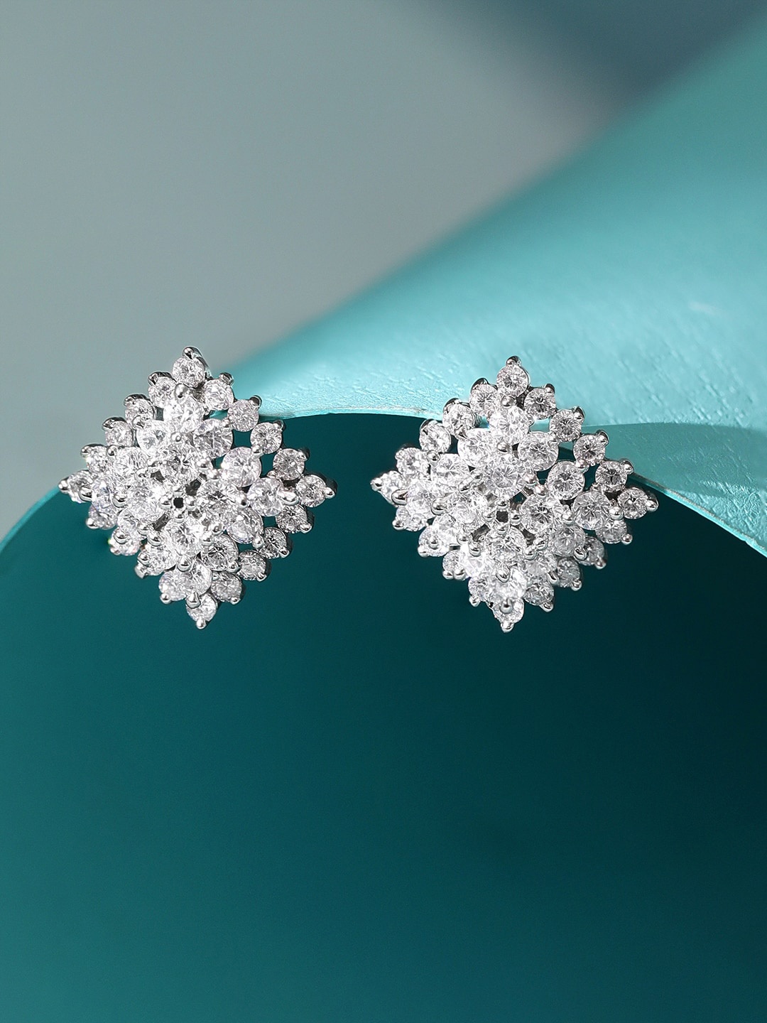 

Rubans Silver 925 Sterling Silver Rhodium-Plated AD-Studded Square Studs Earrings