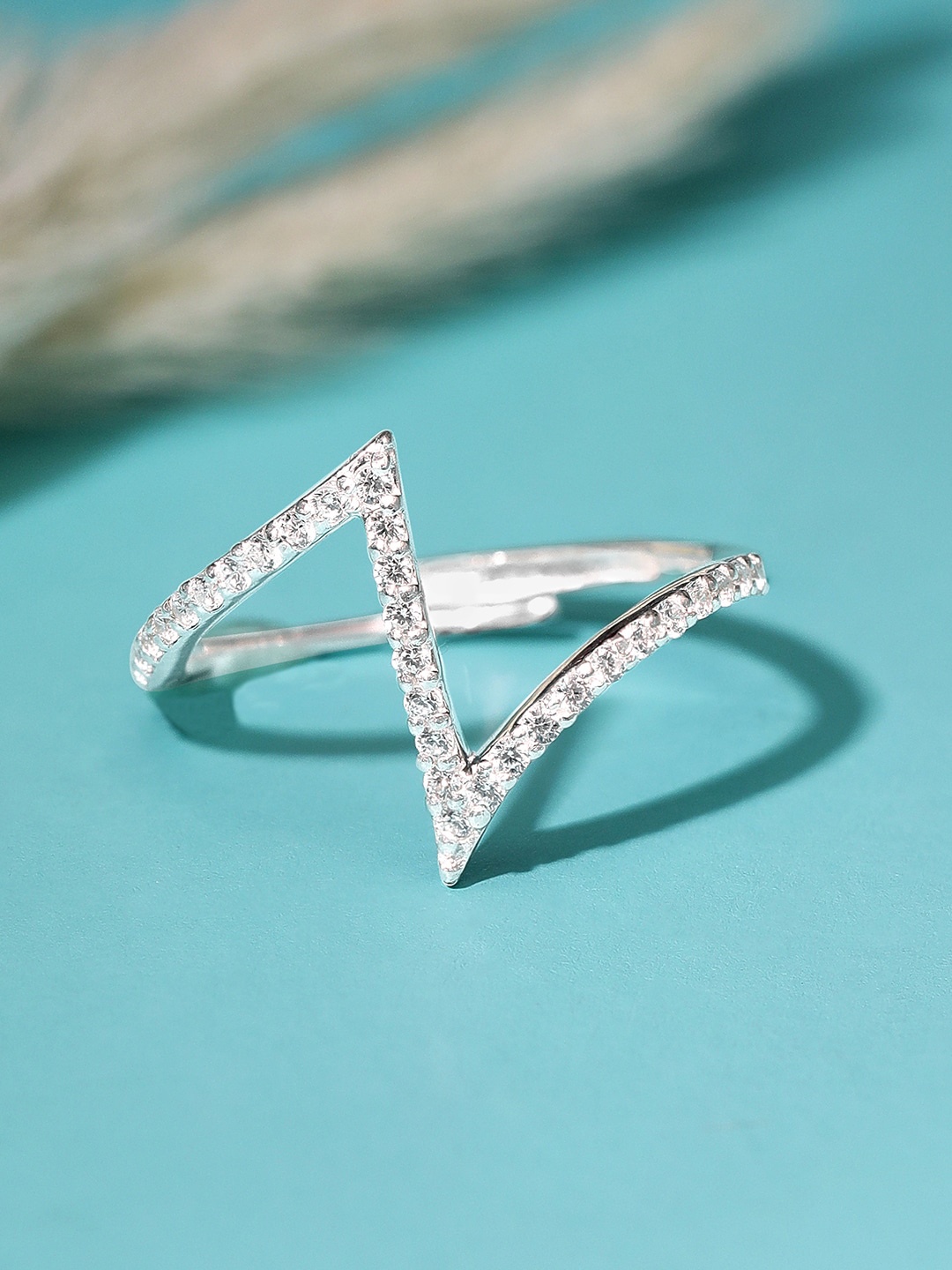 

Rubans Silver Rhodium-Plated CZ Studded Adjustable Finger Ring
