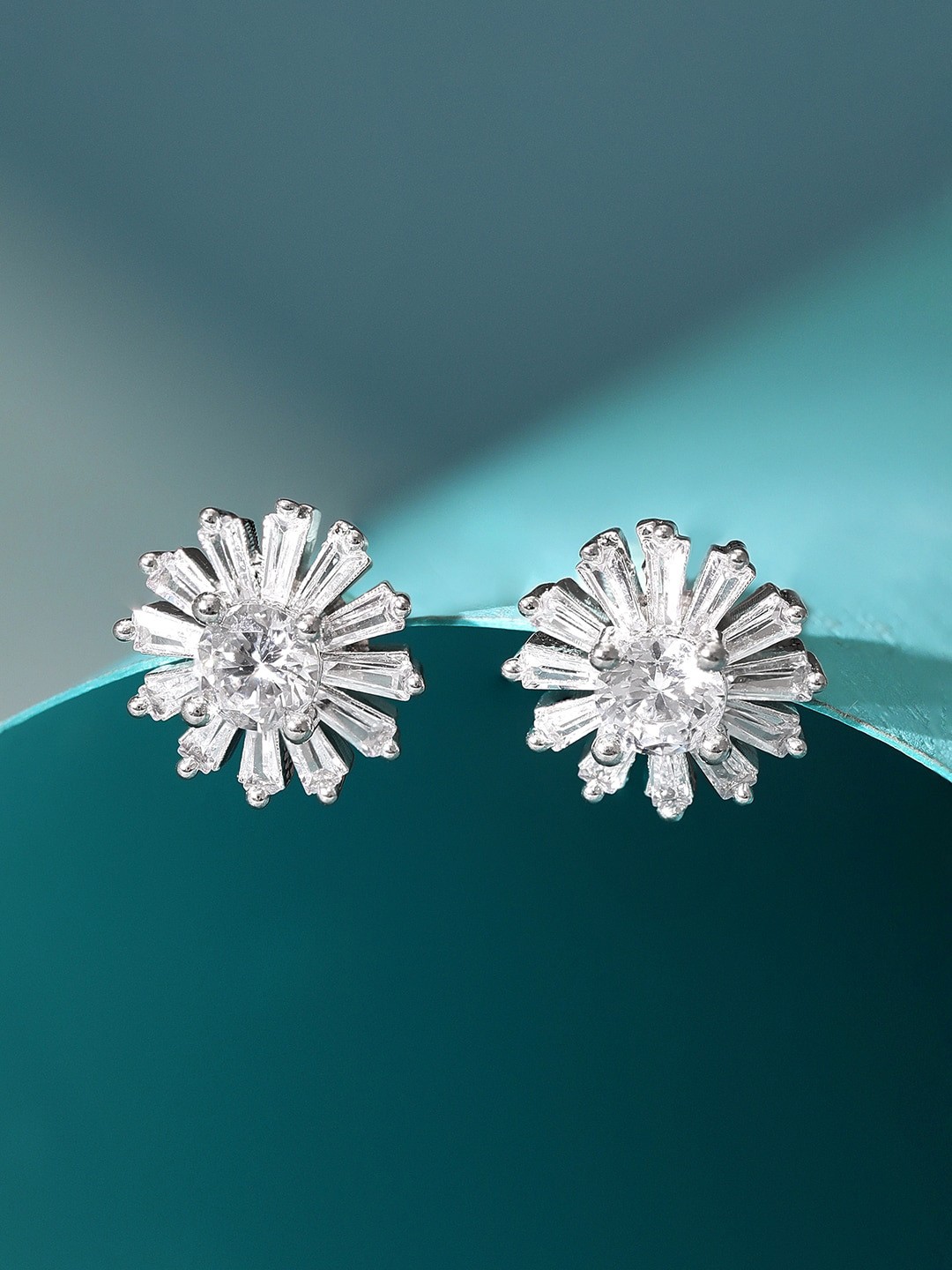 

Rubans Silver 925 Sterling Silver Rhodium-Plated Crystal-Studded Floral Studs Earrings