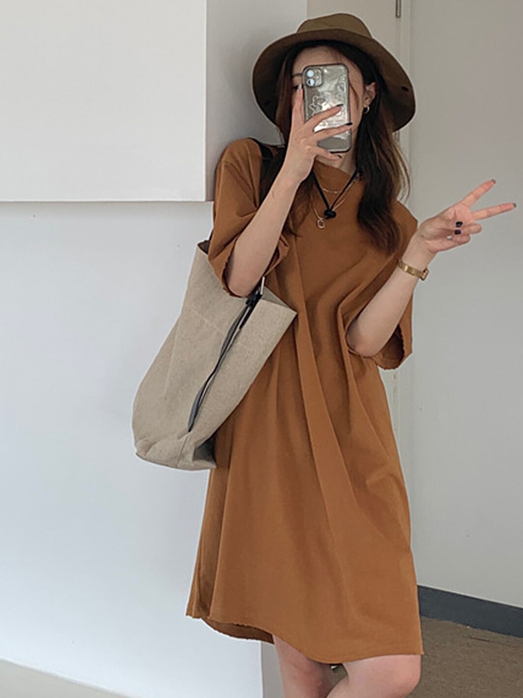 LULU & SKY Drop-Shoulder Sleeves Pure Cotton T-shirt Dress, Brown