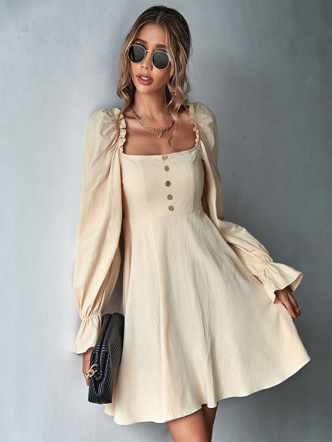 

LULU & SKY Square Neck Puff Sleeves Pure Cotton A-Line Dress, Brown