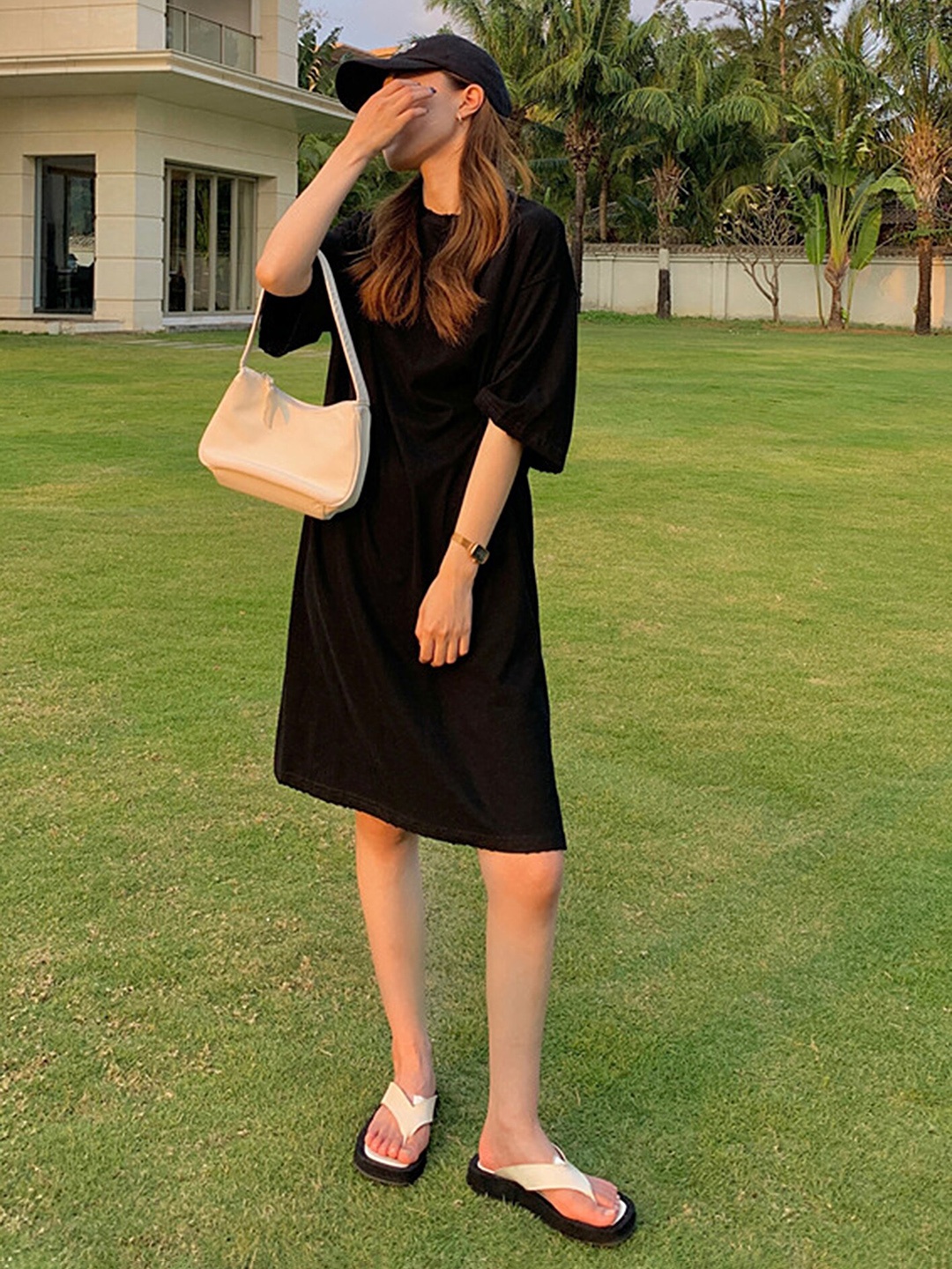 

LULU & SKY Round Neck Drop-Shoulder Sleeves Pure Cotton T-Shirt Dress, Black