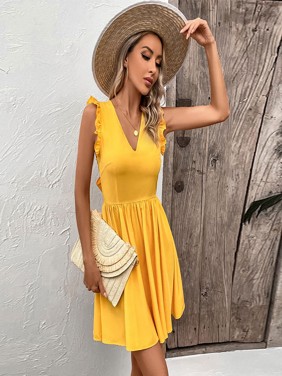 

LULU & SKY V-Neck Tie-Up Back Fit & Flare Dress, Yellow
