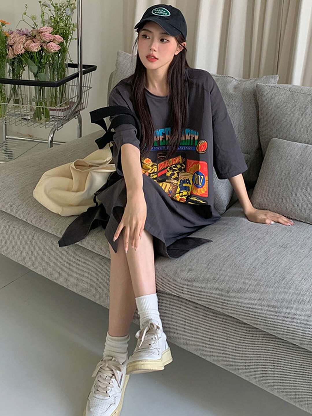 

LULU & SKY Graphic Printed Drop Shoulder Sleeves T-Shirt Dress, Grey