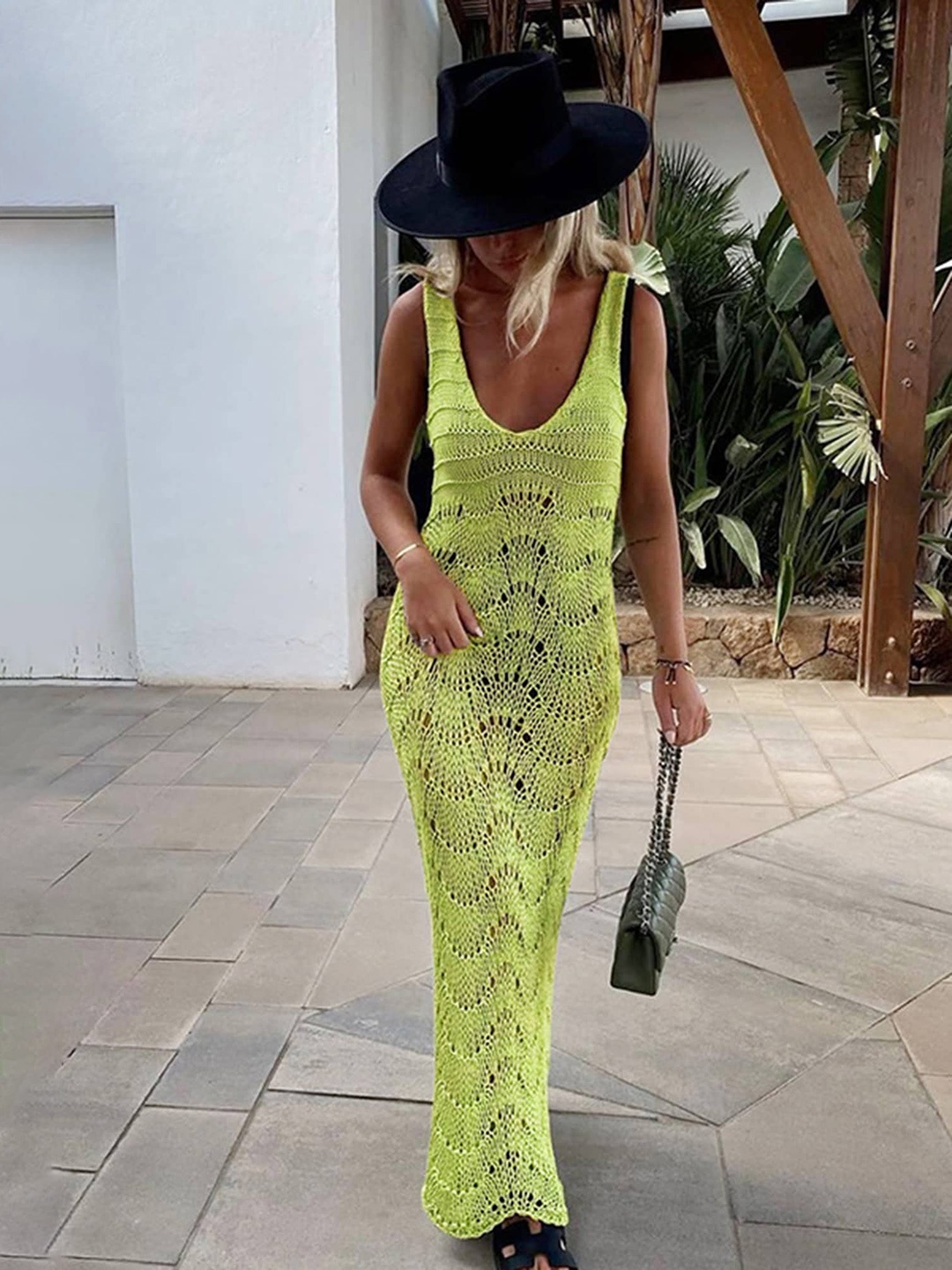

LULU & SKY Self Design Round Neck Sleeveless Cut Outs Knitted Maxi Dress, Yellow