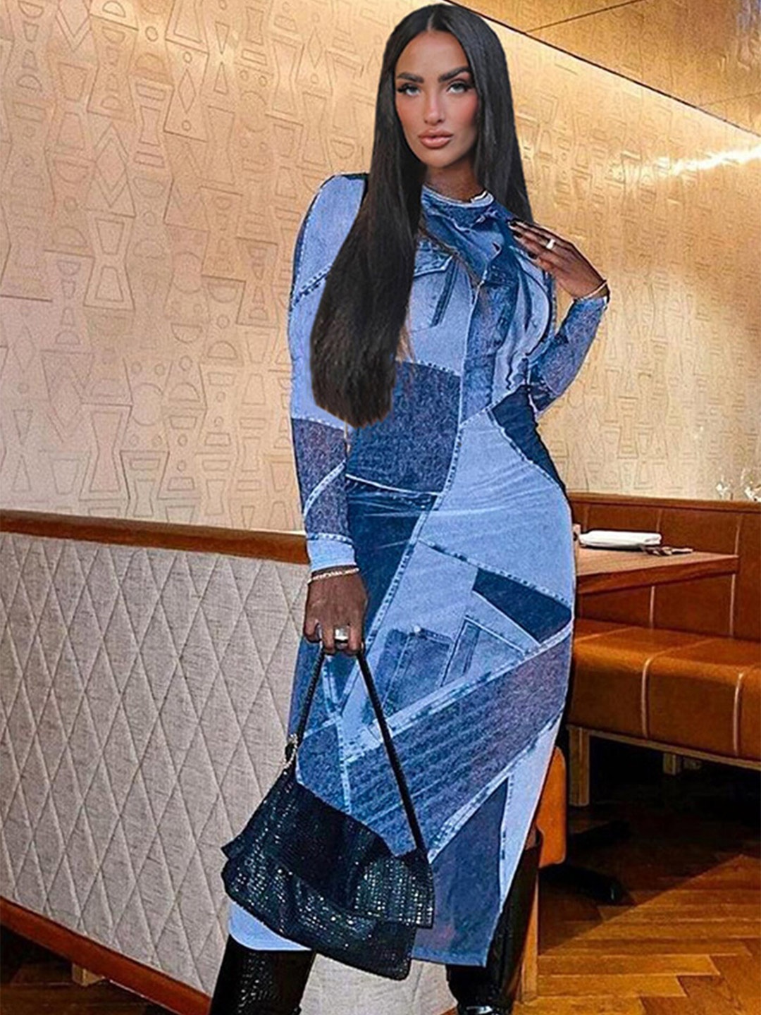 

LULU & SKY Geometric Printed Long Sleeves Sheath Dress, Blue