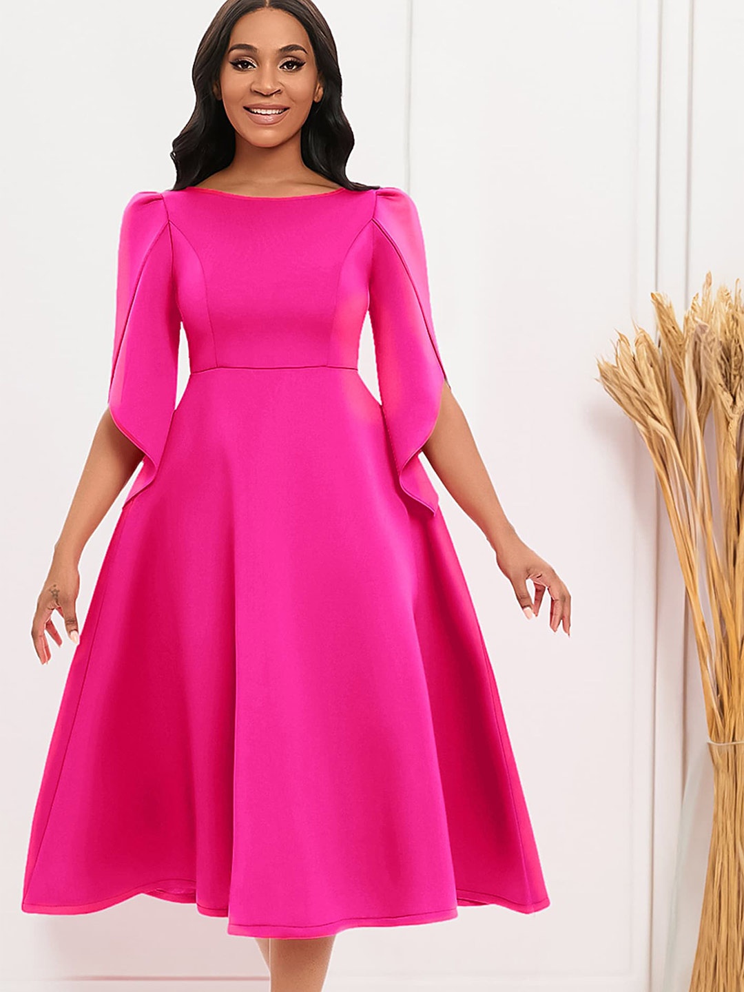 

LULU & SKY Boat Neck Flared Sleeves A-Line Midi Dress, Pink
