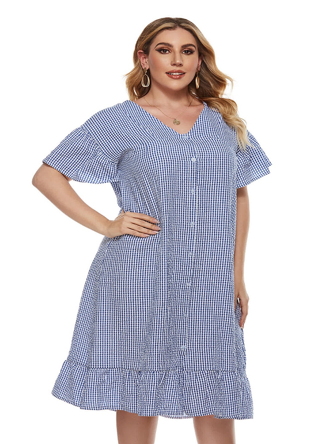 

LULU & SKY Plus Size Checked Bell Sleeve A-Line Dress, Blue