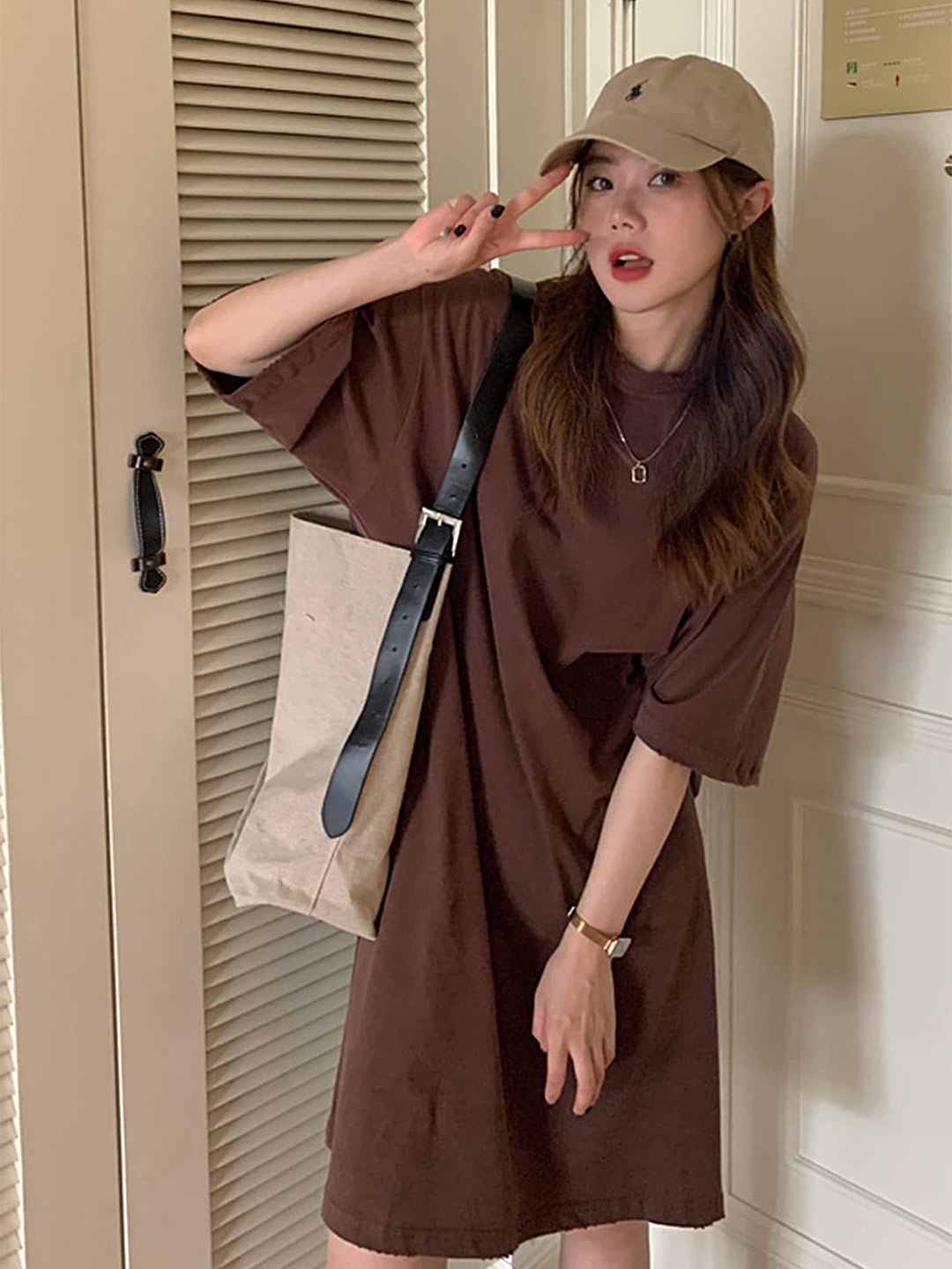 LULU & SKY Round Neck Pure Cotton T-shirt Dress, Brown