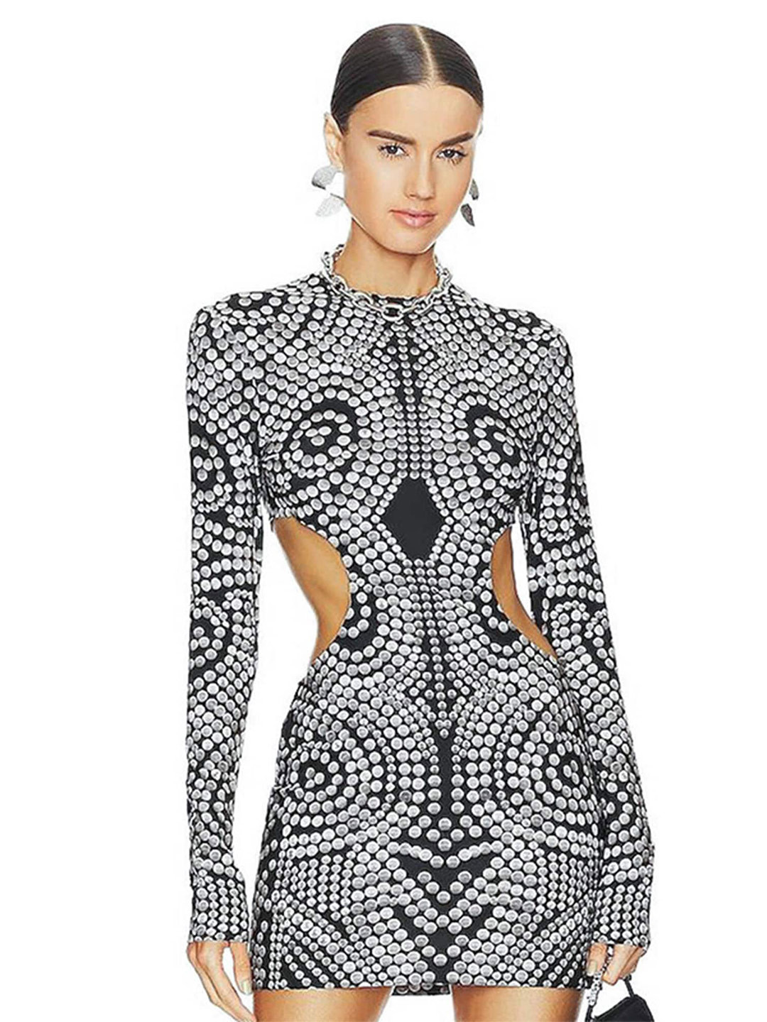 

LULU & SKY Geometric Printed Cut-Out Detailed Bodycon Dress, Black