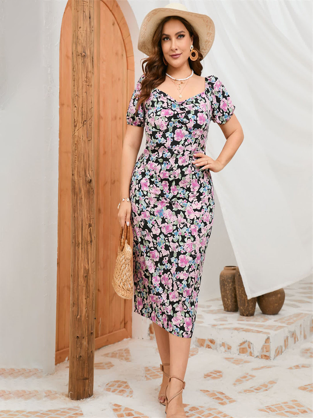 

LULU & SKY Floral Printed Puff Sleeves Sheath Midi Dress, Black