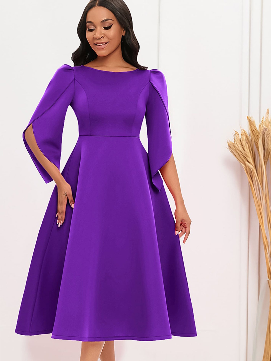 

LULU & SKY Slit Sleeves Gathered Fit & Flare Midi Dress, Purple