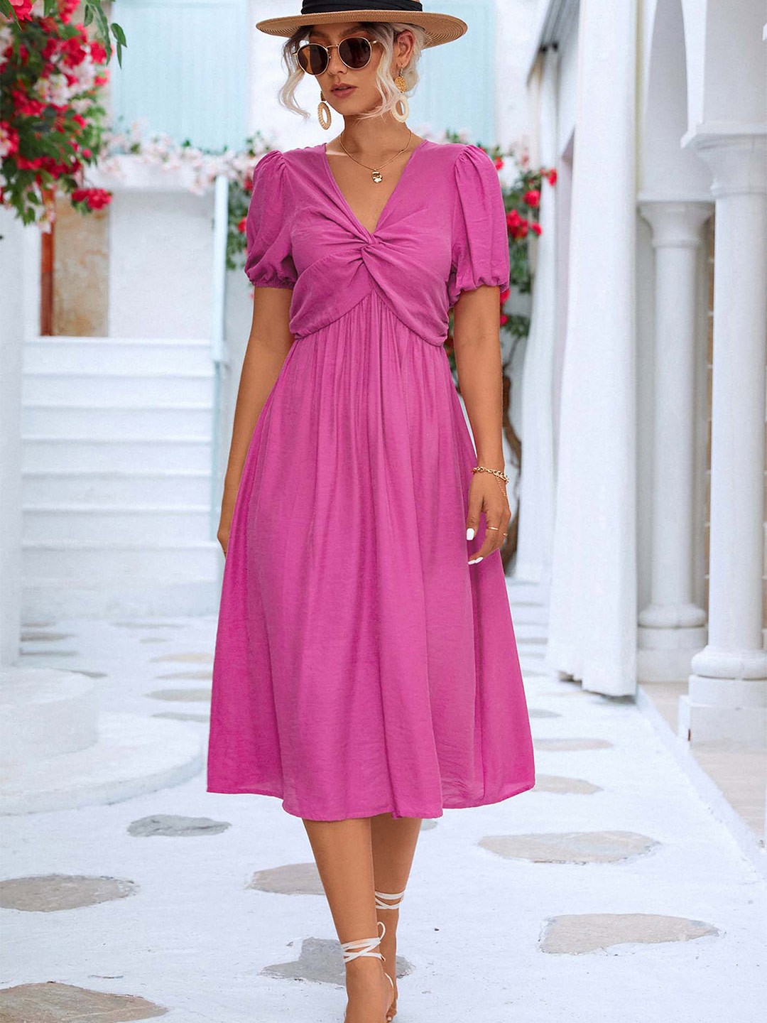 

LULU & SKY V-Neck Puff Sleeves Gathered A-Line Midi Dress, Pink
