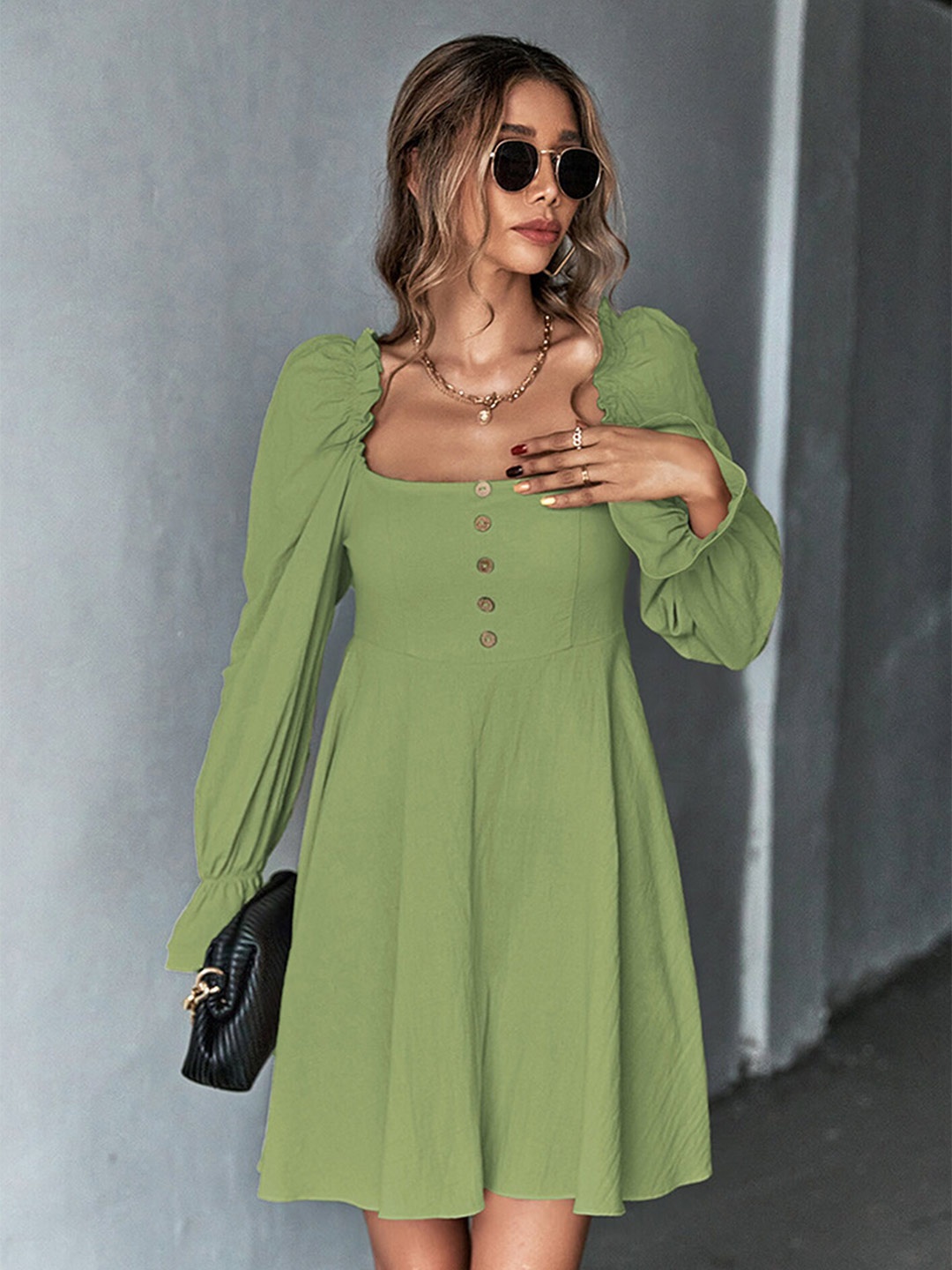 

LULU & SKY Square Neck Bell Sleeves Cotton A-Line Dress, Green