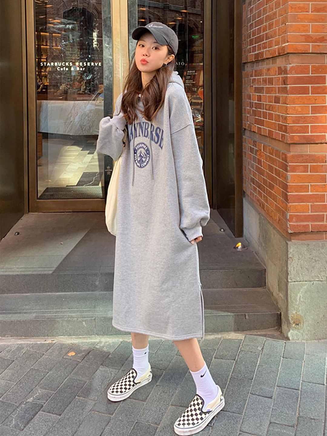 LULU & SKY Typography Printed Hooded T-shirt Dress, Grey