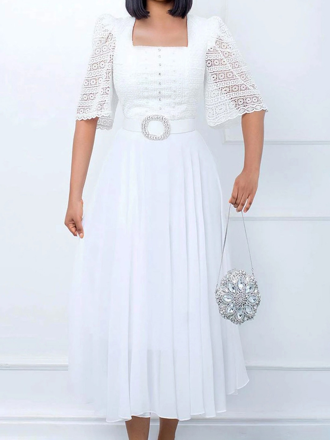 

LULU & SKY Square Neck Puff Sleeves Fit & Flare Dress, White