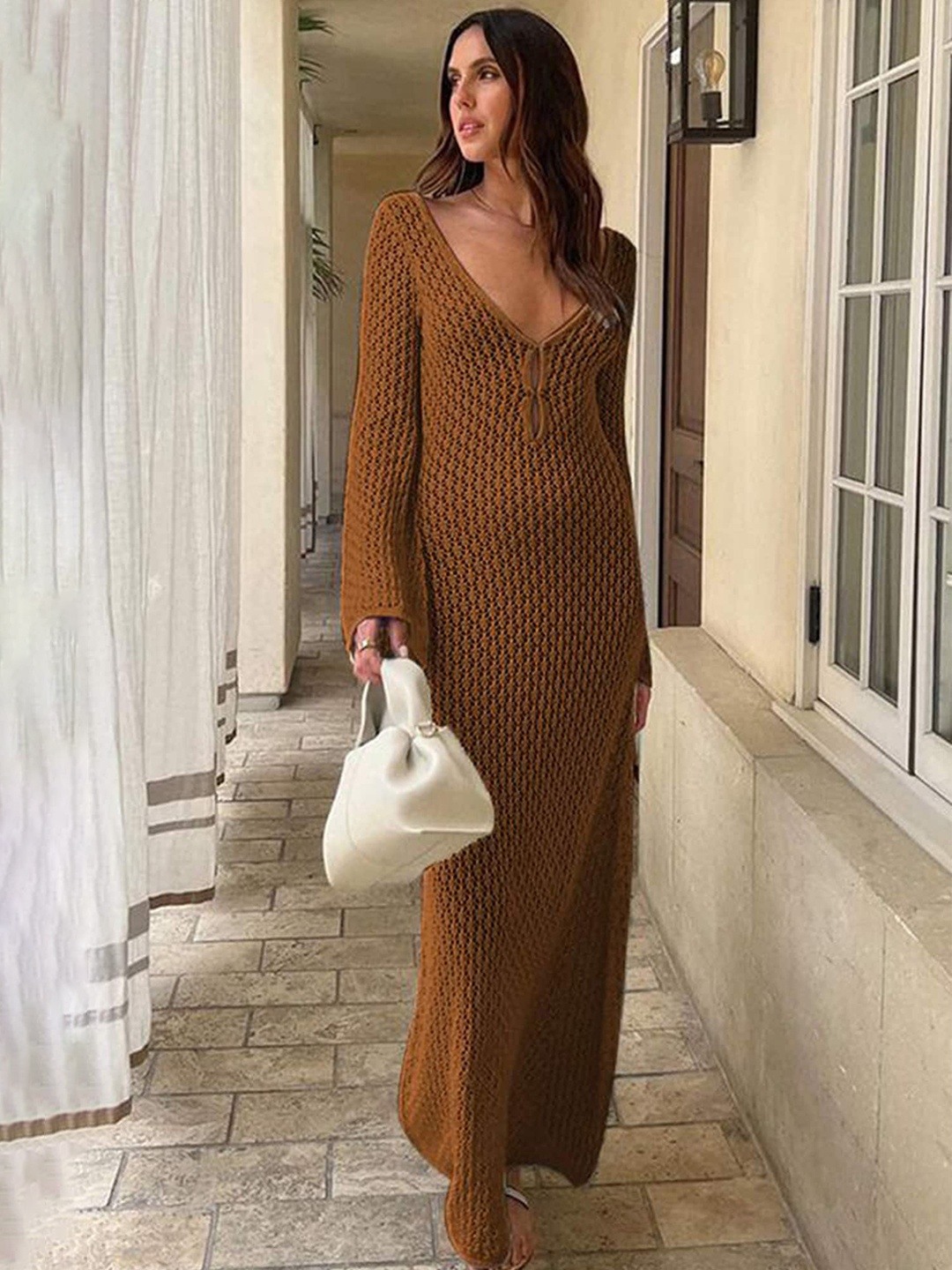 

LULU & SKY Self Design V-Neck Maxi Dress, Brown