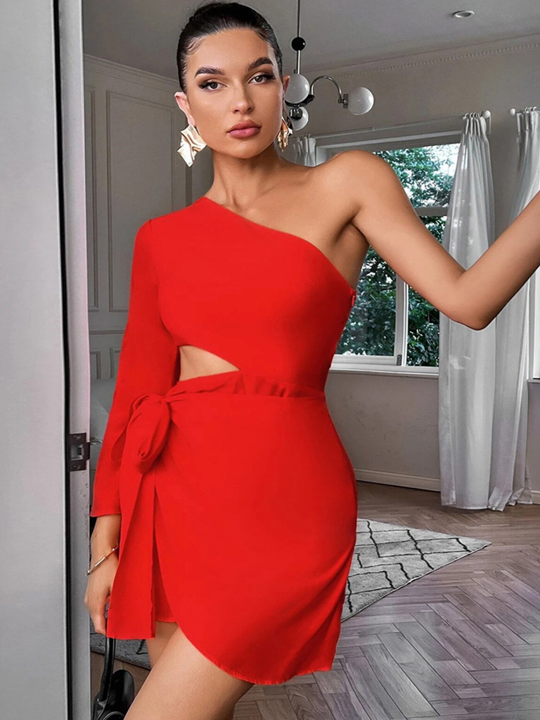 

LULU & SKY One Shoulder Cut-Out Sheath Dress, Red