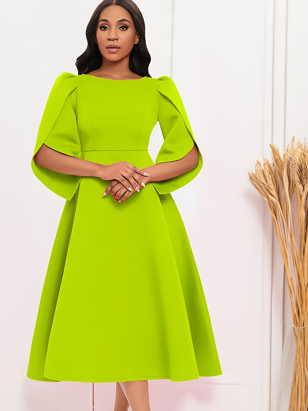 

LULU & SKY Boat Neck Puff Sleeve Fit & Flare Midi Dress, Green