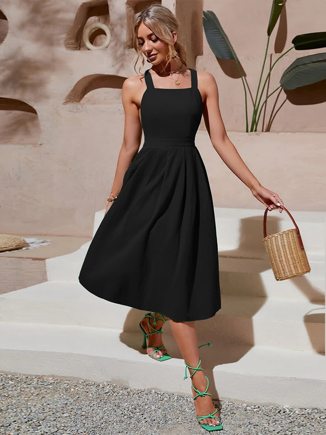 

LULU & SKY Shoulder Straps Cotton Fit & Flare Midi Dress, Black