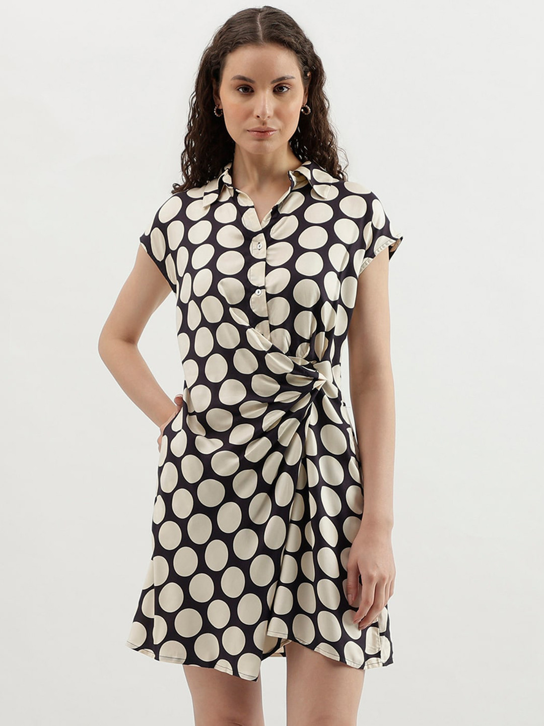 

United Colors of Benetton Polka Dots Printed Shirt Collar Extended Sleeves Mini Wrap Dress, Off white