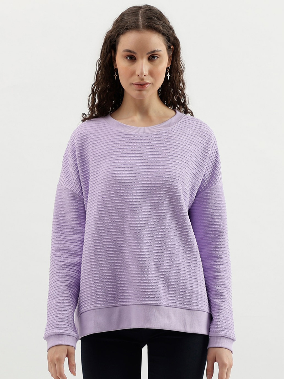United Colors of Benetton Textured Drop-Shoulder Pullover Sweatshirt, Purple