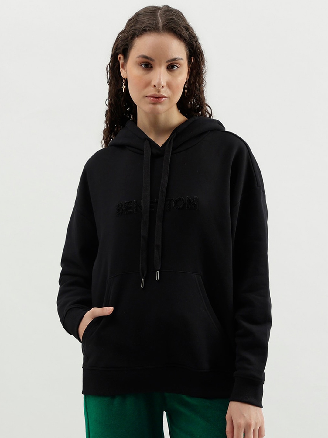 

United Colors of Benetton Cotton Hooded Pullover Sweatshirt, Black