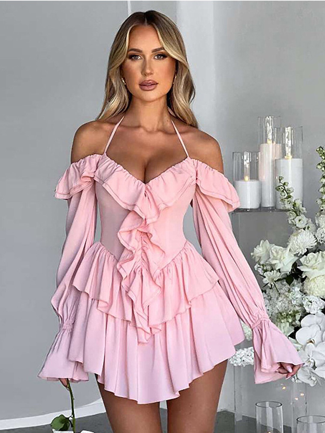 

LULU & SKY Shoulder Straps Cold-Shoulder Ruffles Fit & Flare Mini Dress, Pink