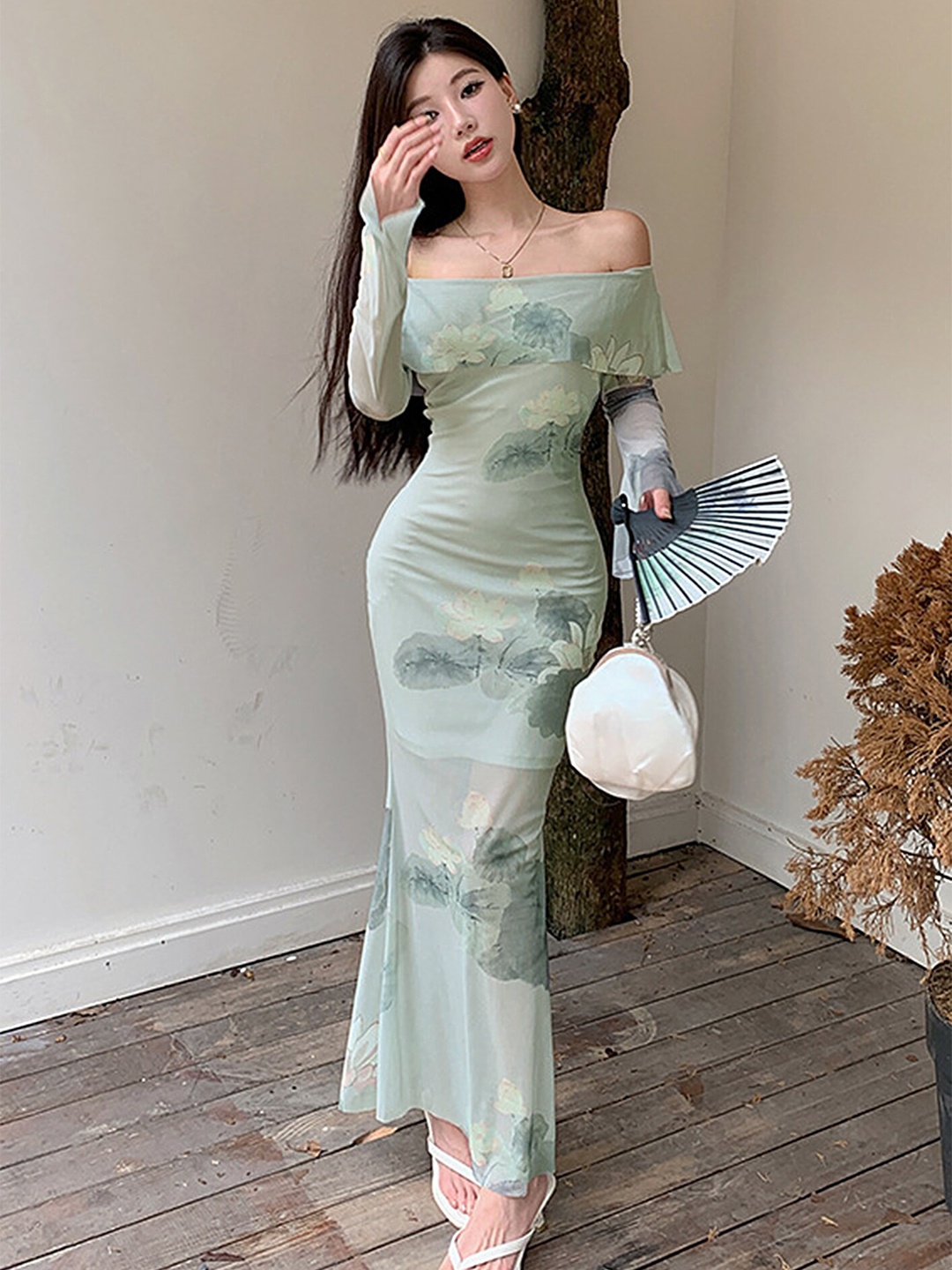 

LULU & SKY Floral Printed Off-Shoulder Maxi Dress, Green