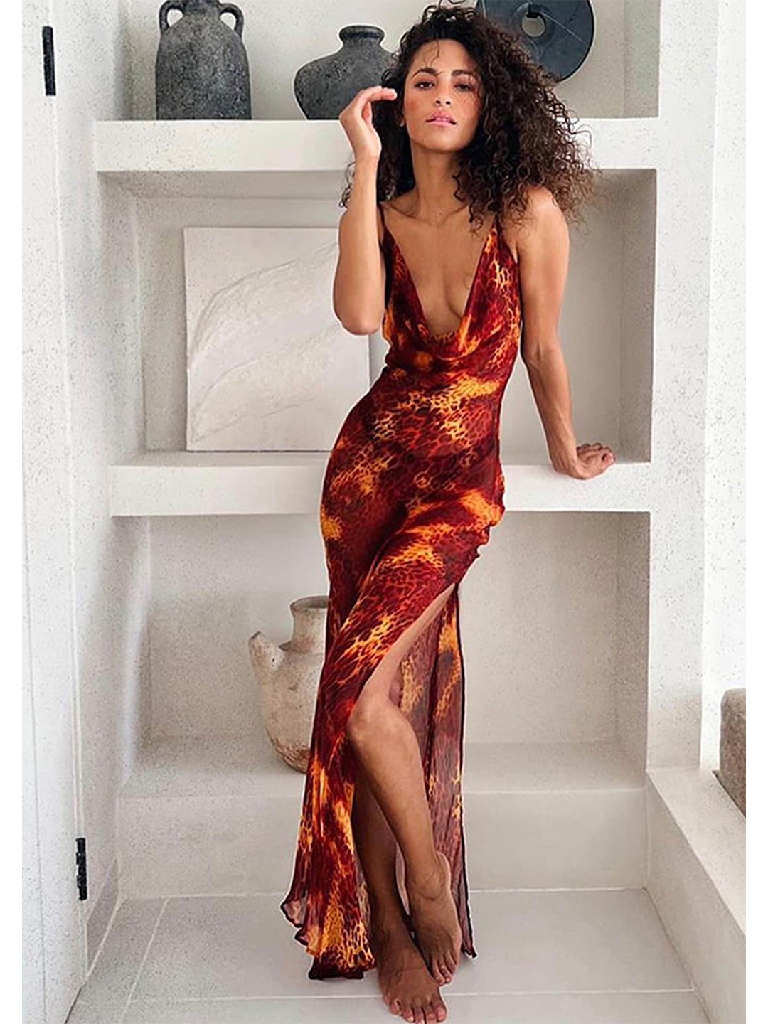 

LULU & SKY Abstract Printed Cowl Neck Maxi Dress, Orange
