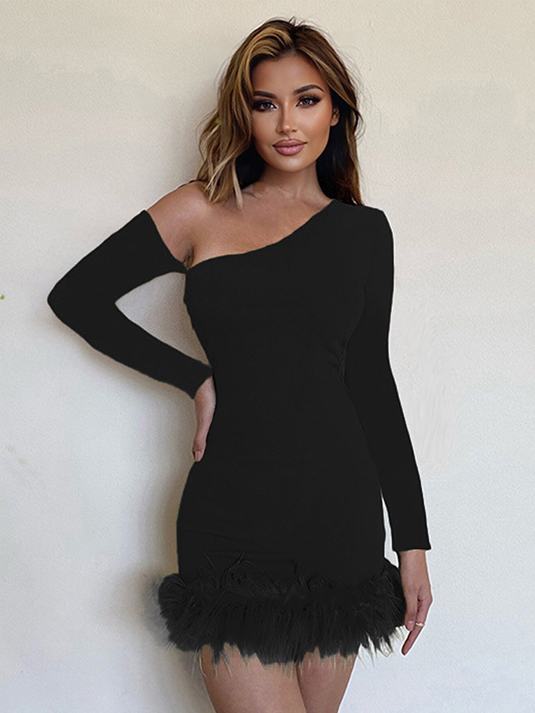 LULU & SKY One Shoulder Ruffled Bodycon Mini Dress, Black