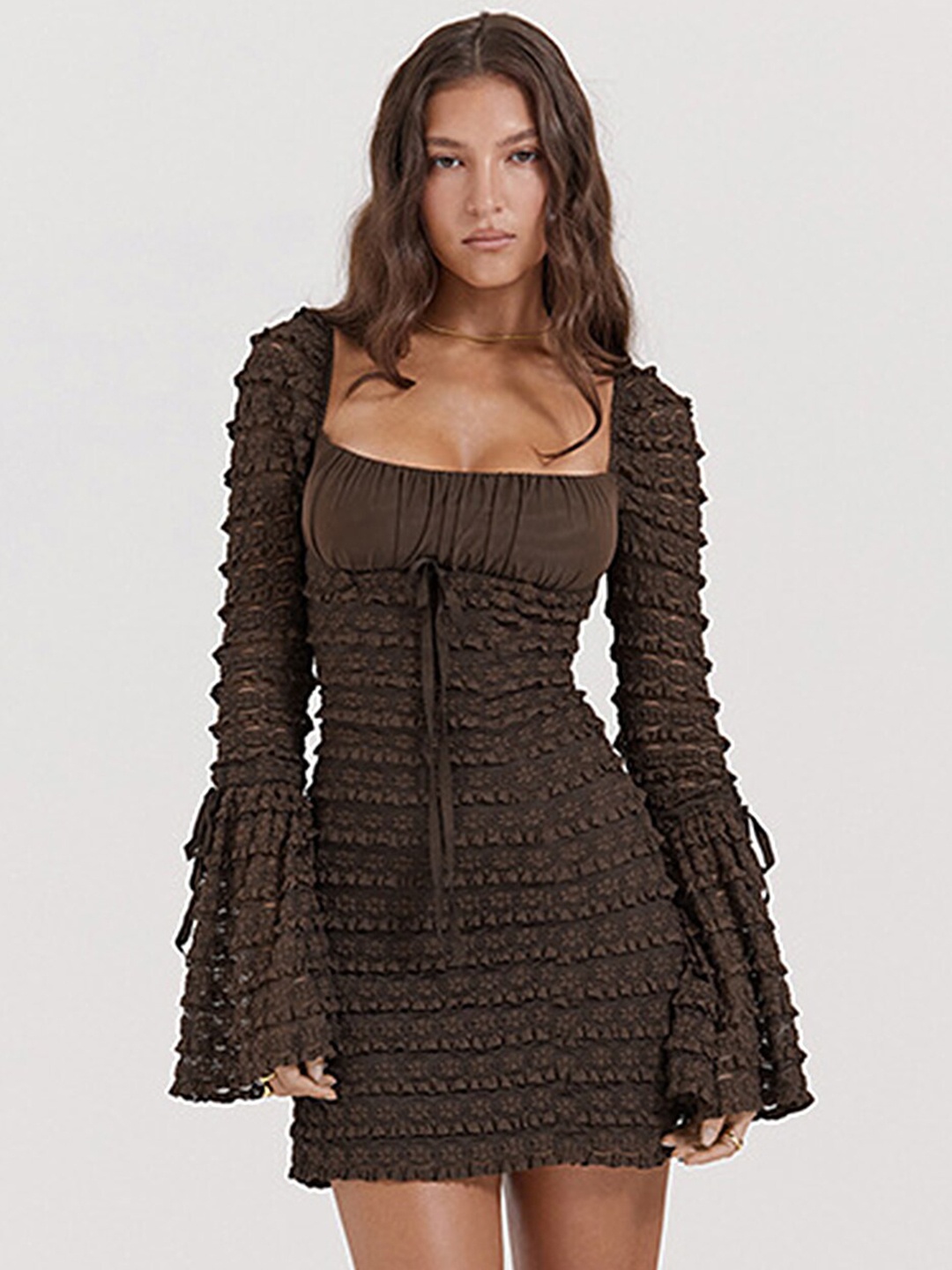 

LULU & SKY Self Designed Bell Sleeves A-Line Mini Dress, Brown