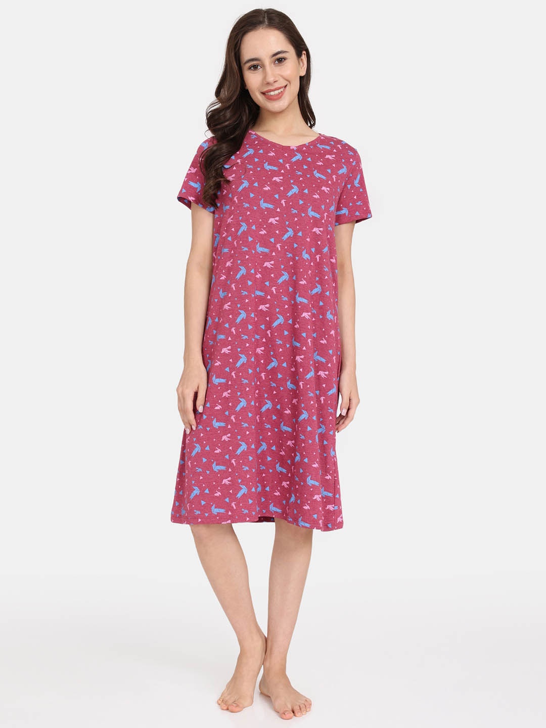 

Rosaline by Zivame Conversational Printed V-Neck Pure Cotton Nightdress, Purple