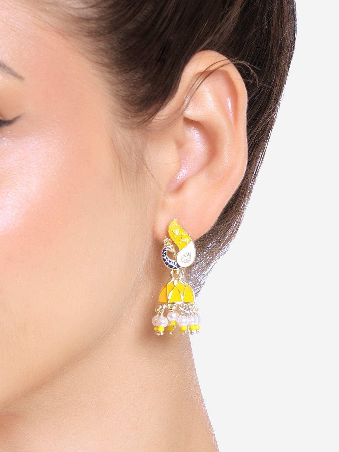 

Zaveri Pearls Gold Plated Artificial Beads Studded Meenakari Jhumkas, Yellow