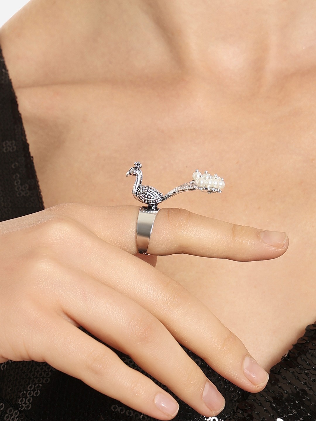 

Zaveri Pearls Women Silver-Plated Beaded Peacock Adjustable Finger Ring