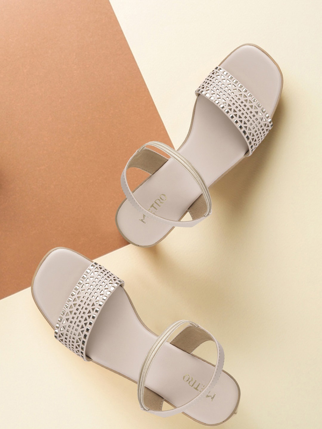 

Metro Laser Cut Embellished Block Heels, Beige