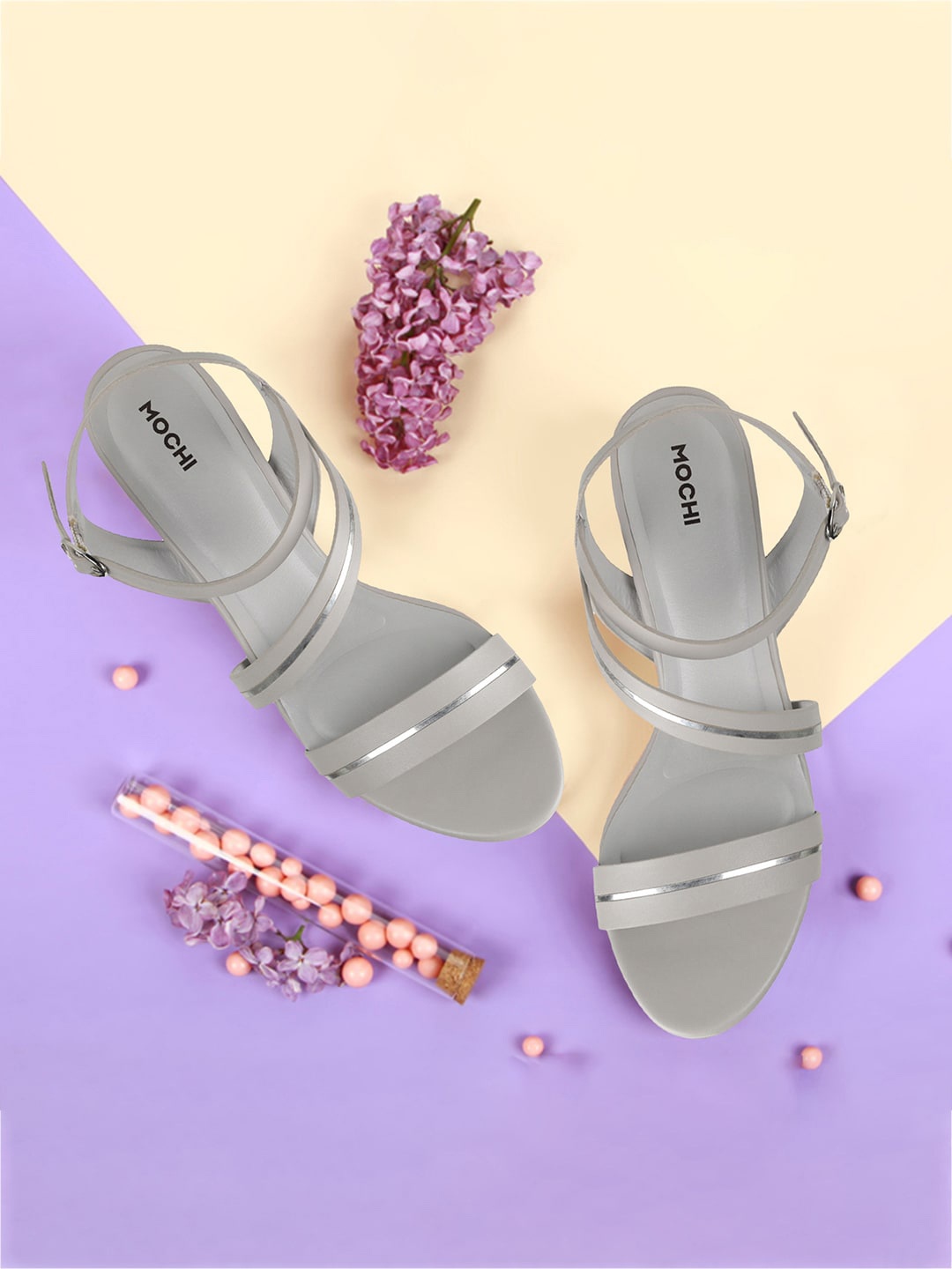 

Mochi Strappy Open Toe Block Heels, Grey