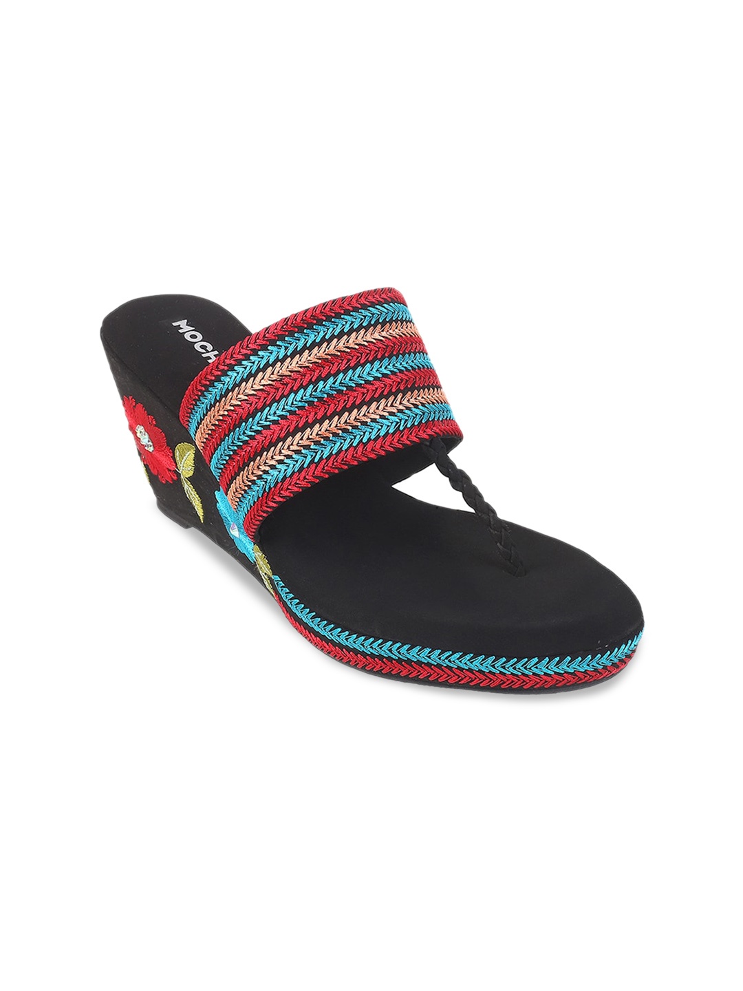 

Mochi Ethnic Embellished Open Toe Wedges, Black