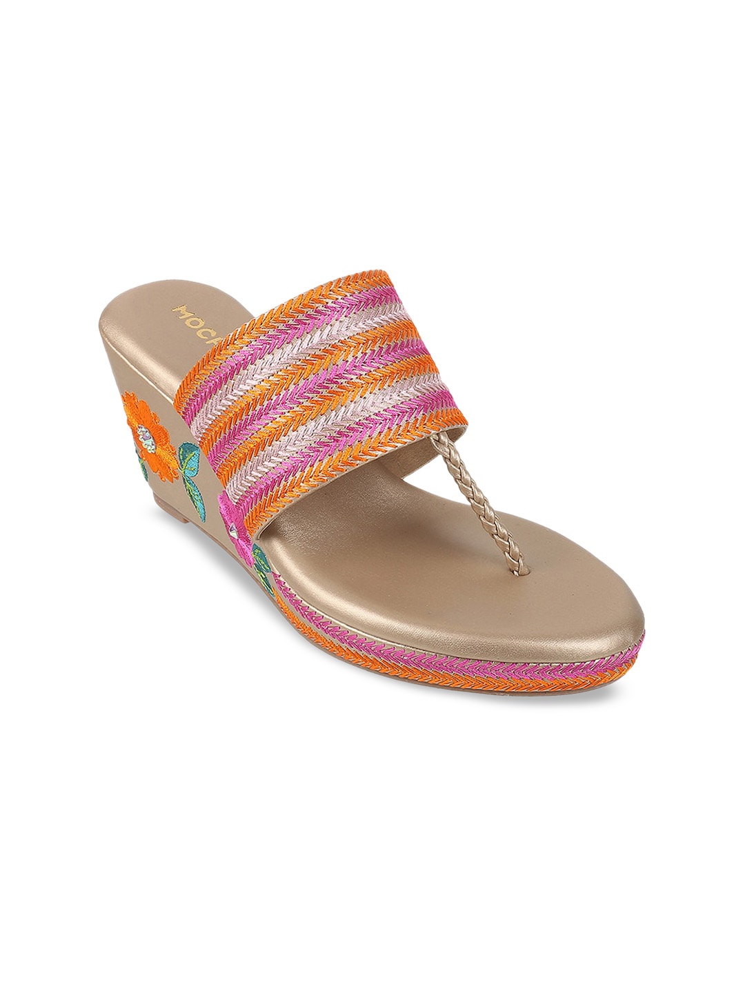 

Mochi Embroidered Open Toe Wedge Heels, Gold