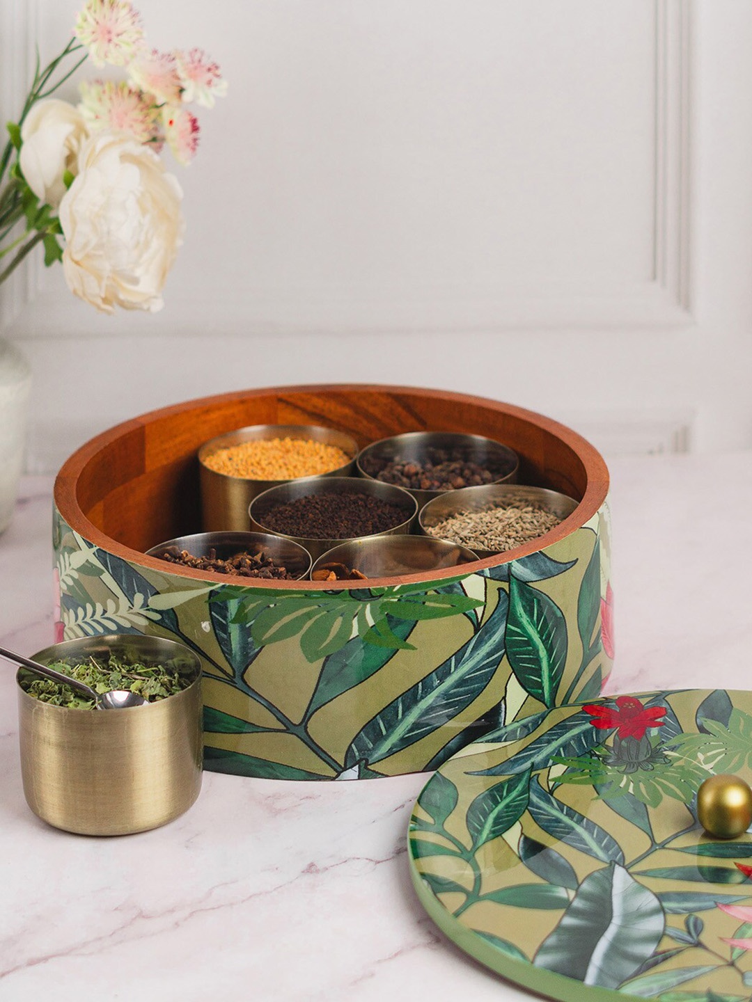 

nestroots Allure Green & Brown Printed Spice Box With 7 Spice Jar & Spoon